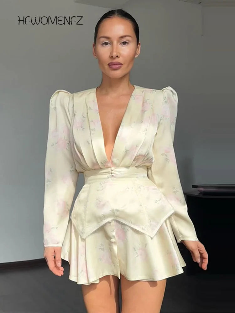 Casual Printed Mini Dress Women Full Sleeve Button V-neck Lady Short Dresses Waist Tape 2026 Spring Summer Female Robe Beach