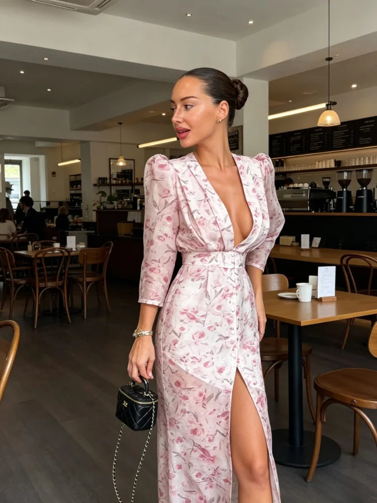 Lace Trim Satin Peplum Midi Dress Deep V-Neck Puff Sleeve A-Line 2026 Spring Summer Chic Elegant Romantic Women Cocktail Dress