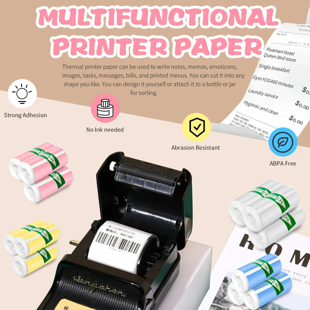 Colorful Label Sticker 57*25MM Self-adhesive Roll Paper Label Sticker Photo Inkless Printing Portable Mini Printer Thermal Paper