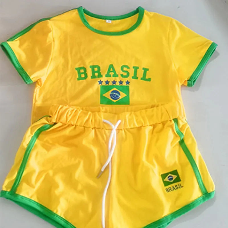 2023 Summer Women Clothing Short Sleeve T-Shirt+Drawstring Shorts 2Pcs Suit Brazil Letter Print Casual Tracksuit Fashion Outfits