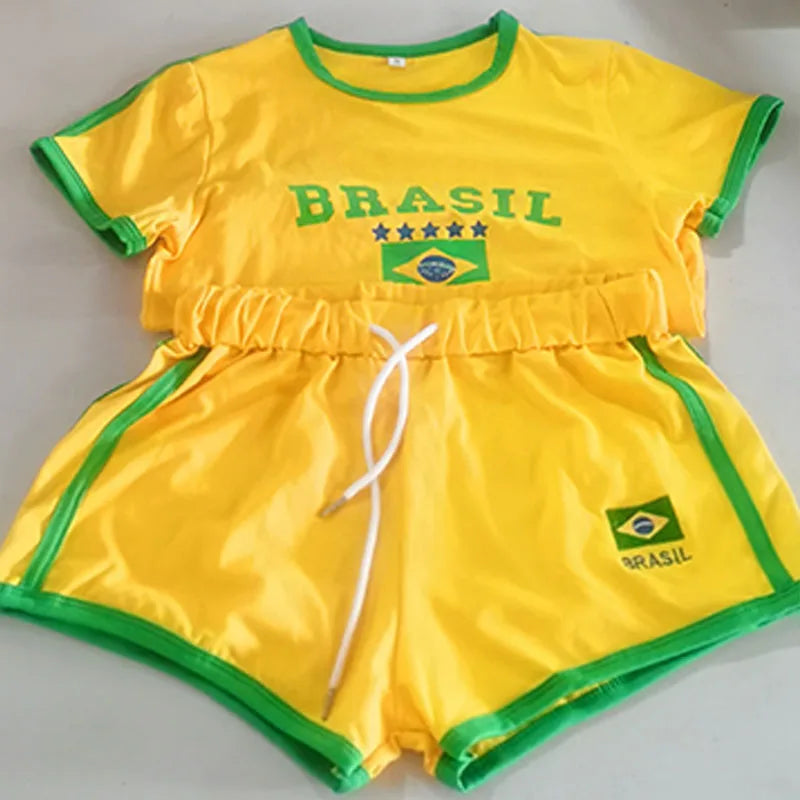 2023 Summer Women Clothing Short Sleeve T-Shirt+Drawstring Shorts 2Pcs Suit Brazil Letter Print Casual Tracksuit Fashion Outfits