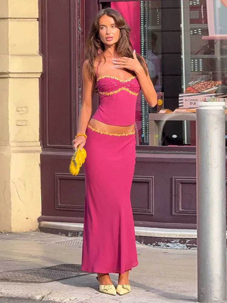 2 Piece Skirt Set Sequin Trim Halter Crop Top Maxi Skirt 2026 Spring Summer Y2K Night Out Clubwear Party Bodycon Co-ord Outfit