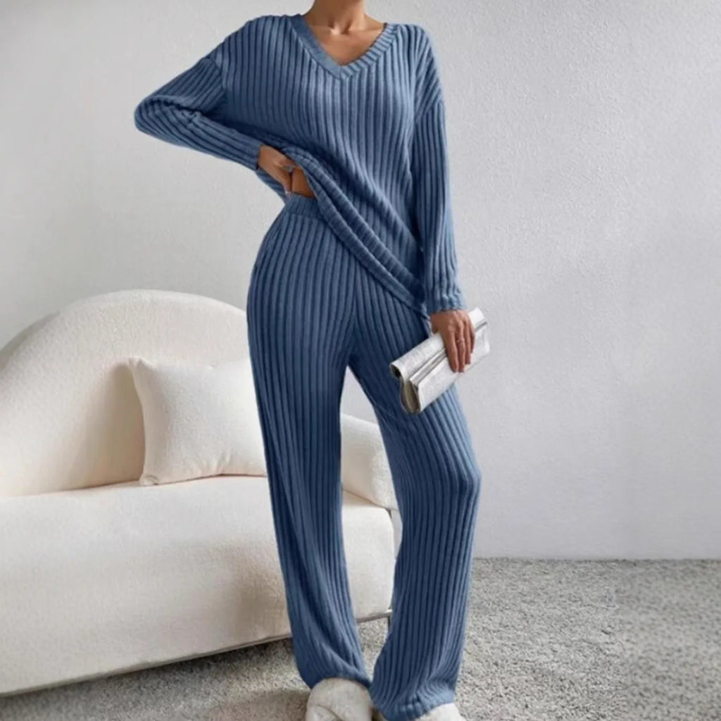 Fashionable Knitted Two-Piece Set Casual V-Neck Long Pants Autumn Winter New Style Loose Fit Korean Style Comfortable Polyester