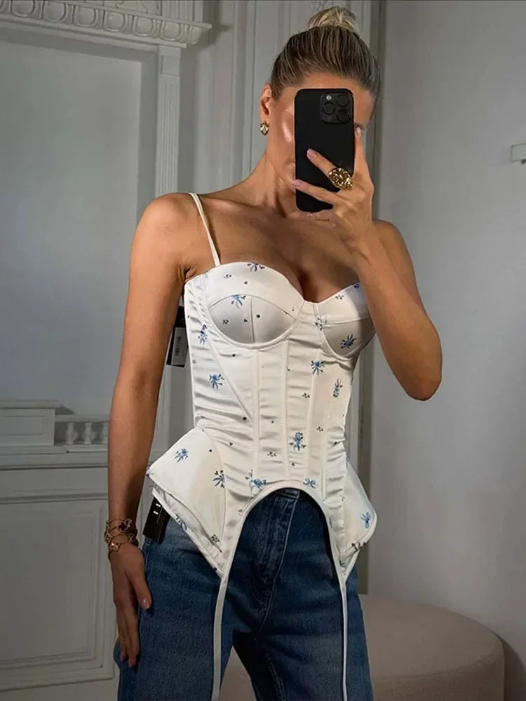 Sexy Printed Fish-bone Corset Women's Slim Back Sleeveless Lace-up Waist-cinching Tank Tops 2026 New Ladies Summer Party Outwear