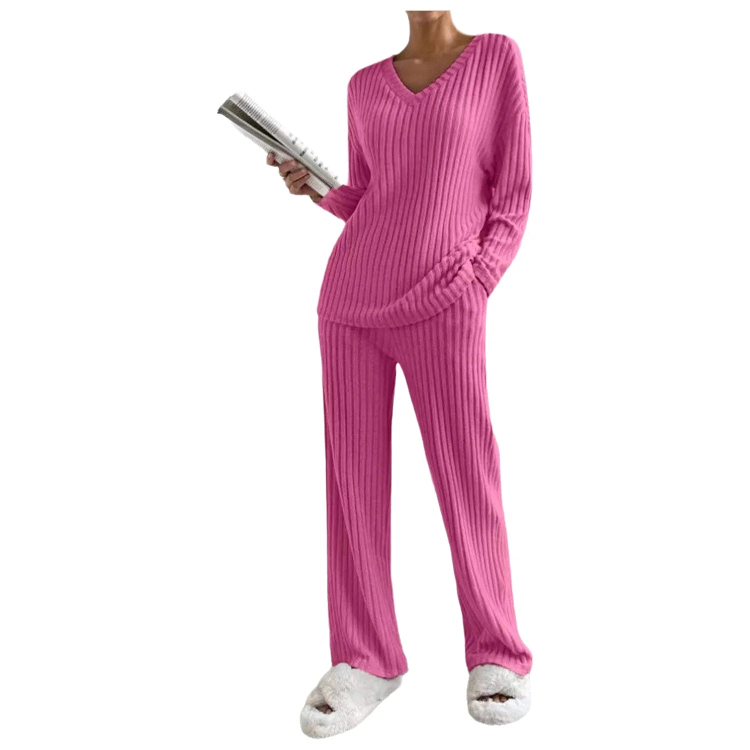 Fashionable Knitted Two-Piece Set Casual V-Neck Long Pants Autumn Winter New Style Loose Fit Korean Style Comfortable Polyester