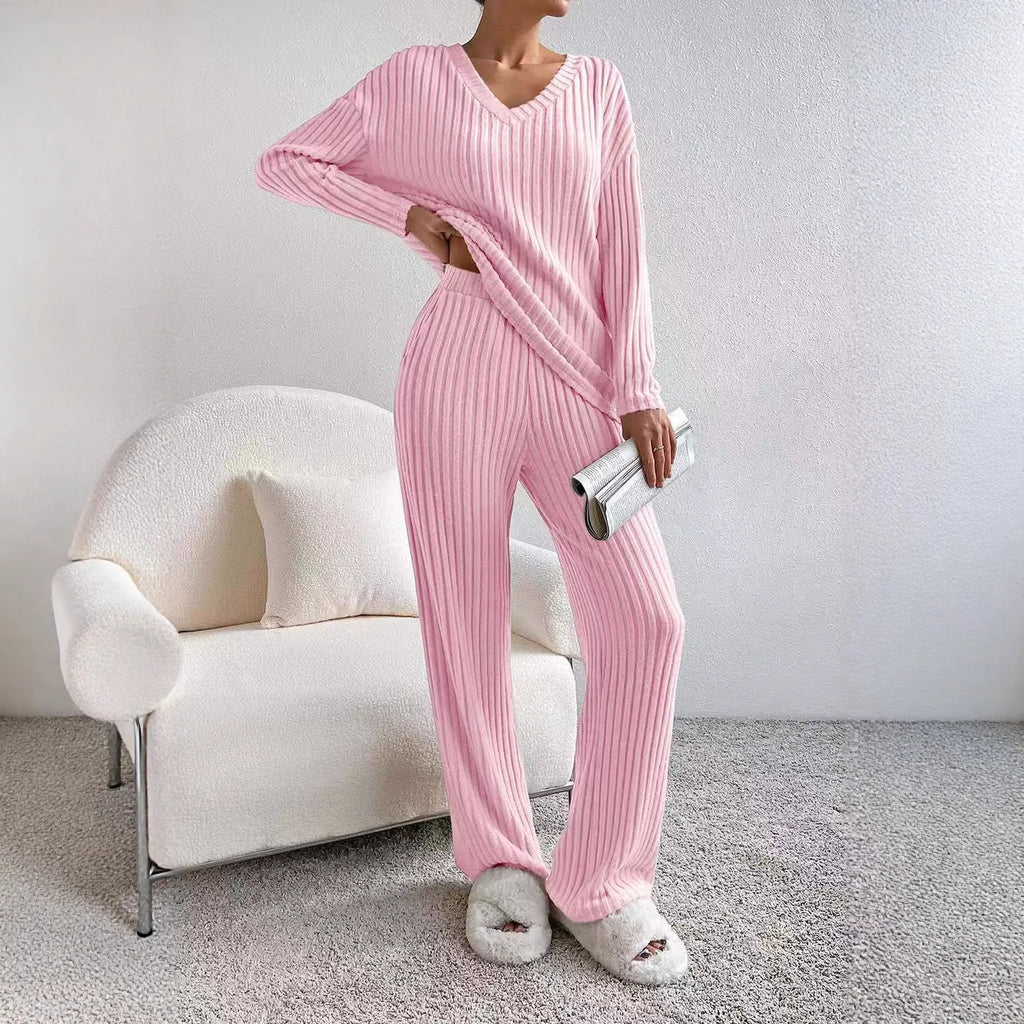 Fashionable Knitted Two-Piece Set Casual V-Neck Long Pants Autumn Winter New Style Loose Fit Korean Style Comfortable Polyester