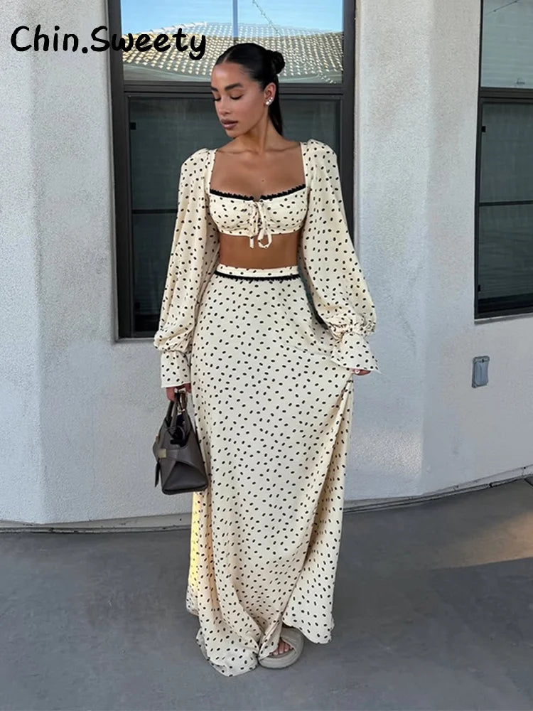 Fashion Women's Polka Dot Long Skirt Set Square Neck Lantern Sleeve Lace Crop Top High Waist A-line Skirts 2026 Summer Lady Suit