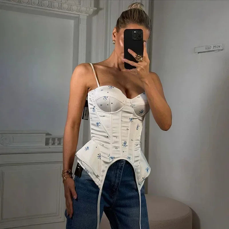 Sexy Printed Fish-bone Corset Women's Slim Back Sleeveless Lace-up Waist-cinching Tank Tops 2026 New Ladies Summer Party Outwear